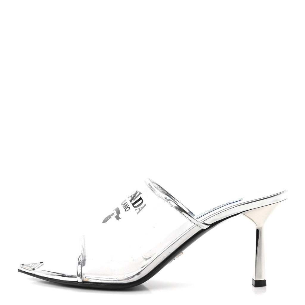 Plexiglass Metallic Calfskin Metal Triangle Logo 75mm Slide Sandals 38 Argento