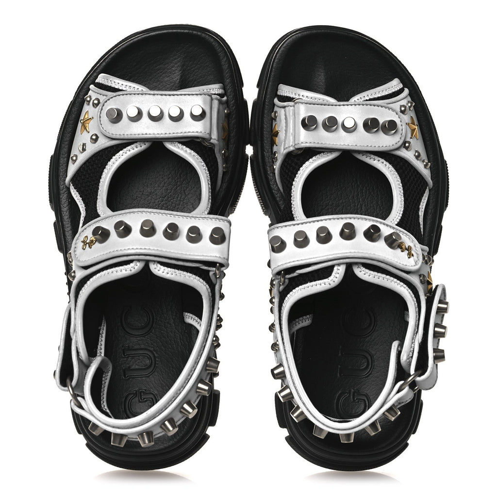 Technical Canvas Calfskin Reflective Studded Mens Aguru Sandals 6.5 Silver Black