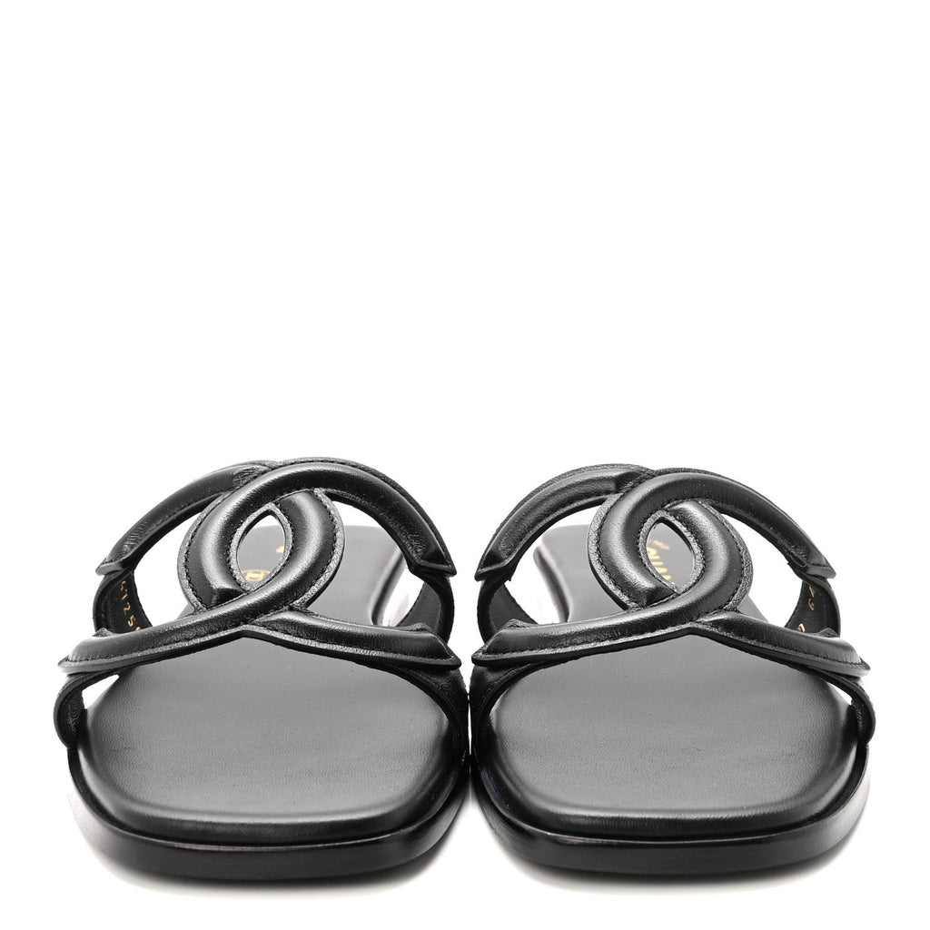 Lambskin CC Cut Out Mules Sandals 36 Black