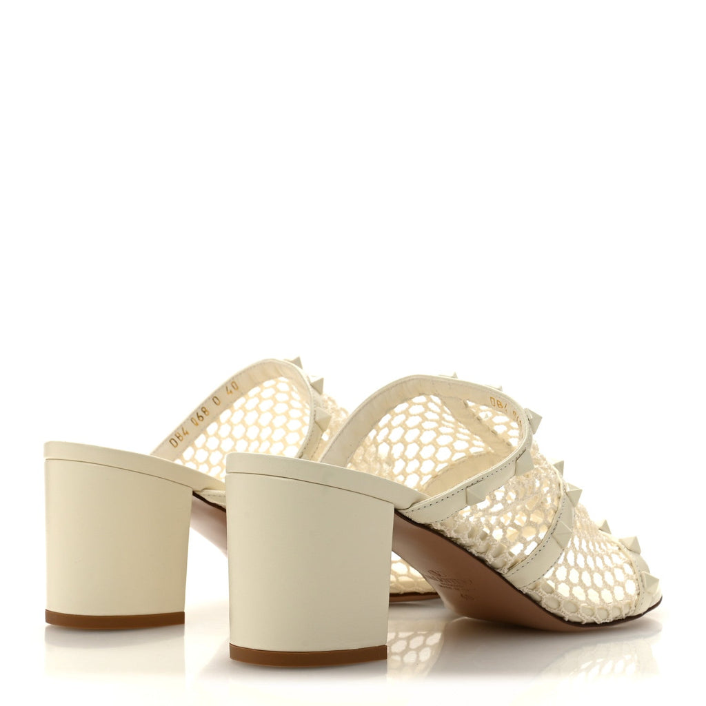 Calfskin Mesh Rockstud 60mm Caged Slide Sandals 40 Ivory
