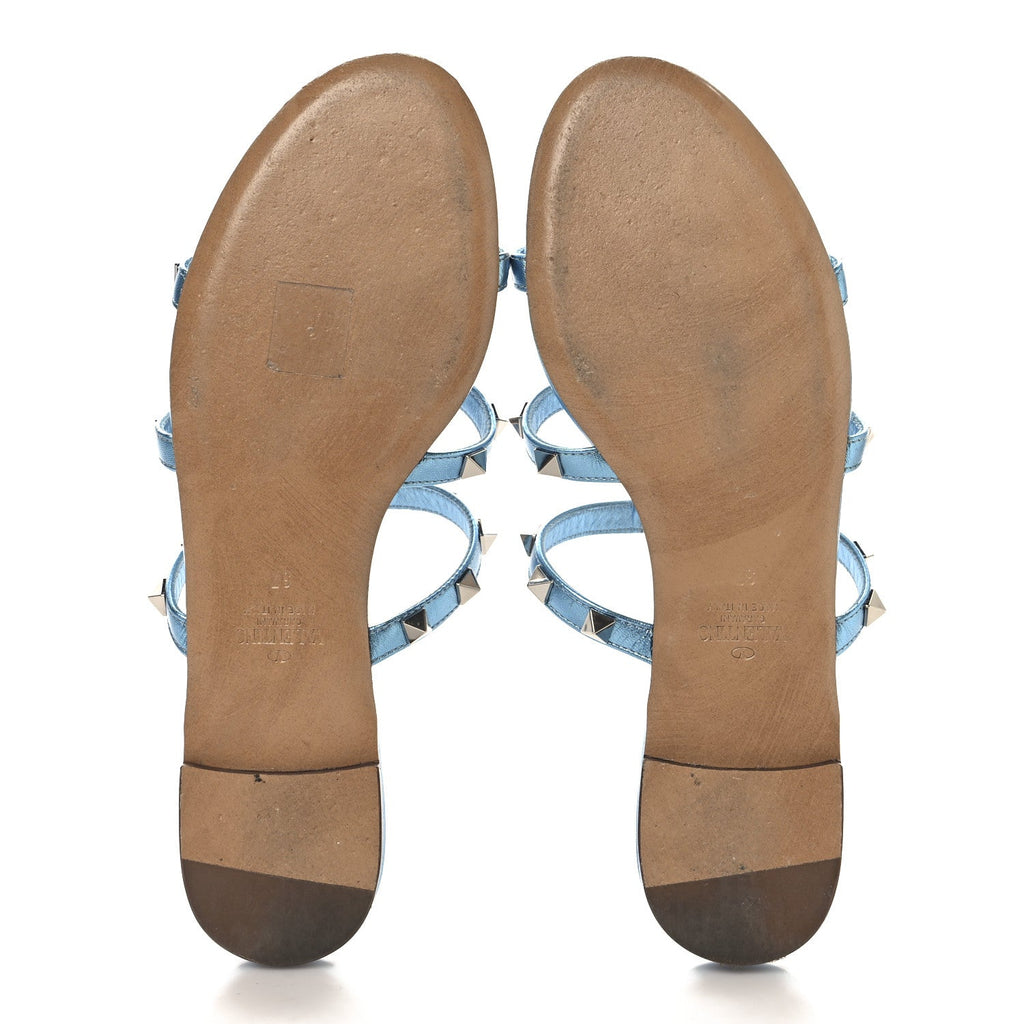 Metallic Nappa Rockstud Caged Flat Slide Sandals 37 Cerulean