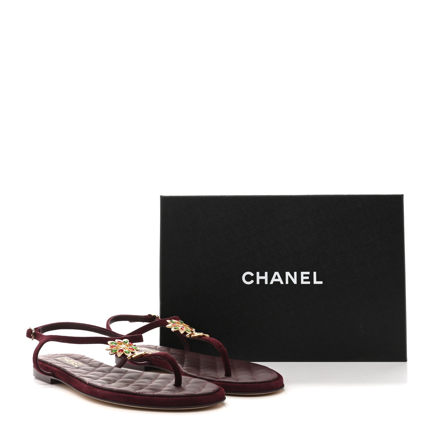 Suede Calfskin CC Crystal Thong Sandals 40.5 Burgundy
