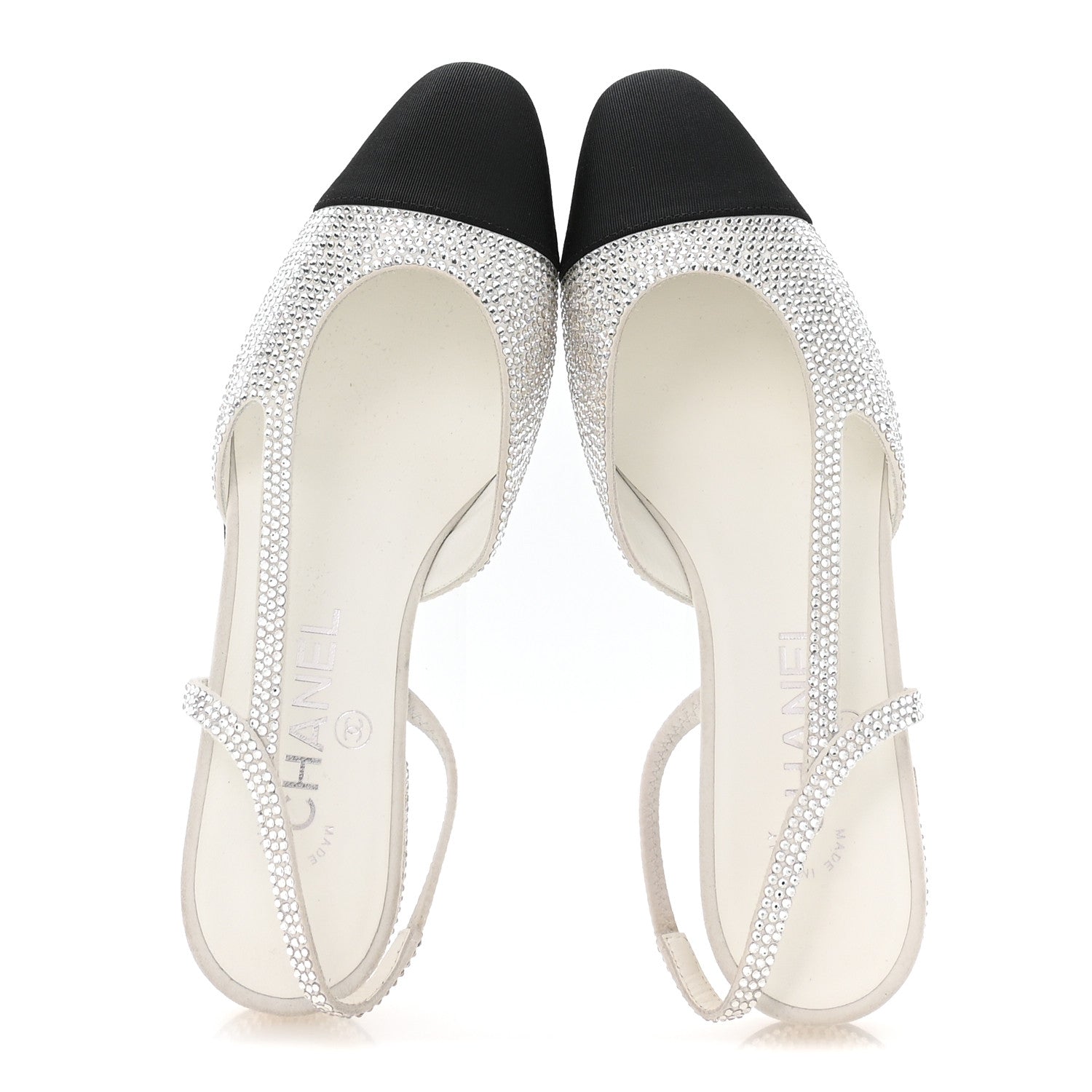 Strass Grosgrain Cap Toe CC Slingback Flats 36.5 Silver Black