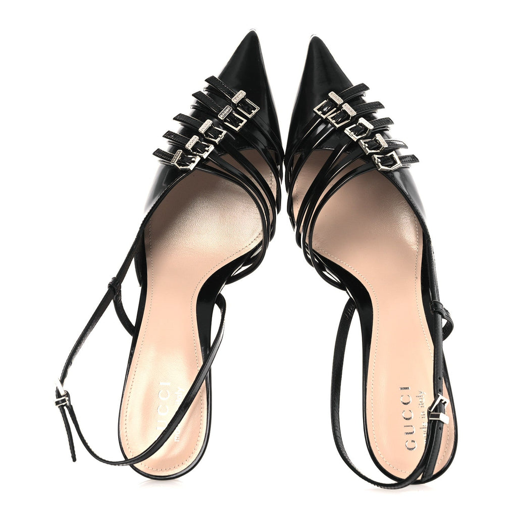 Patent Regent Calfskin Walma 65 Buckle Slingback Pumps 38 Black