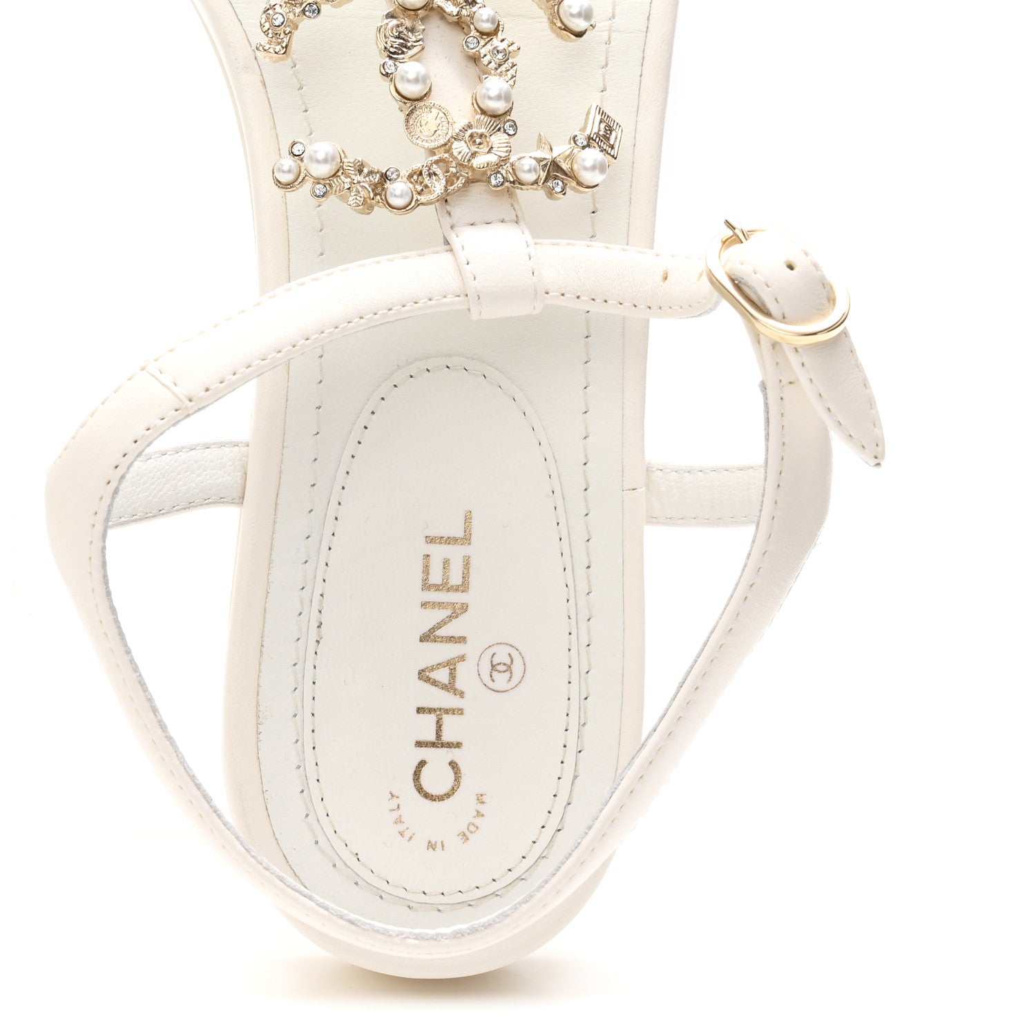 Lambskin Pearl Crystal CC Thong Sandals 39 White