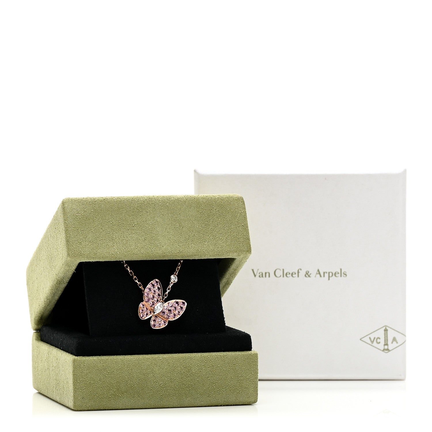 18K Rose Gold Diamond Pink Sapphire Two Butterfly Pendant Necklace