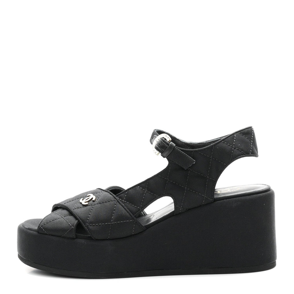 Grosgrain Quilted Crystal CC Platform Sandals 38.5 Black
