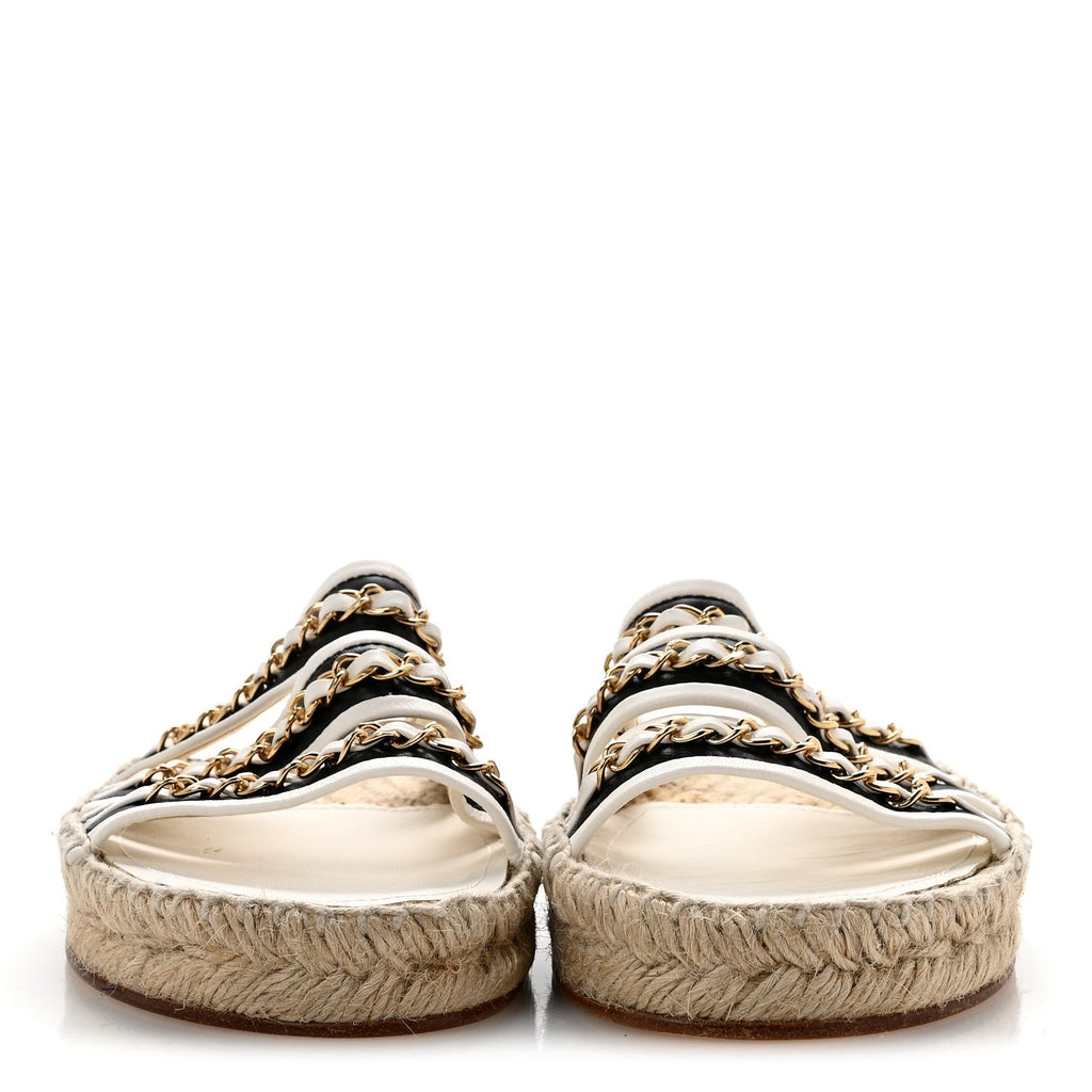 Lambskin Chain Espadrille Slip On Sandals 39 Black White