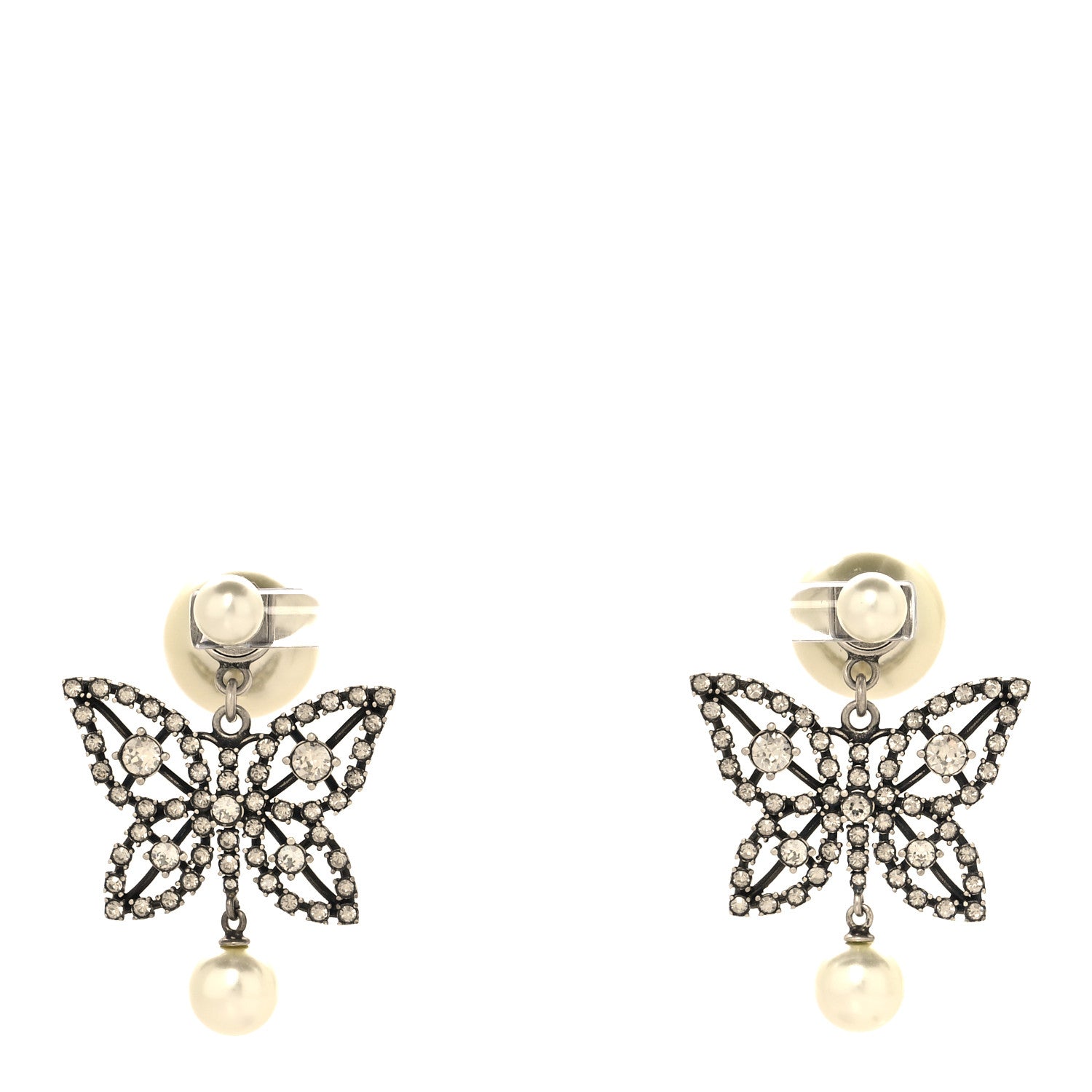 Crystal Pearl Butterfly Drop Earrings Silver
