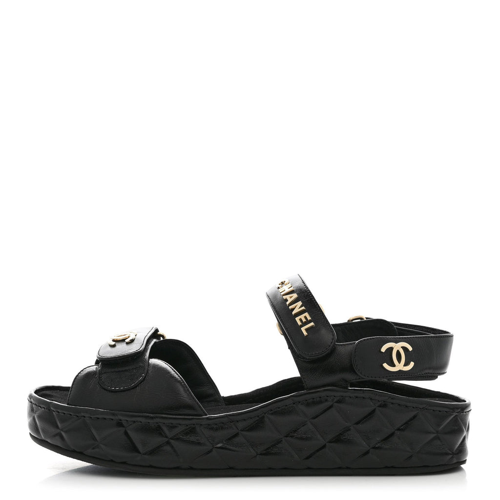Shiny Calfskin Logo Platform Sandals 39 Black