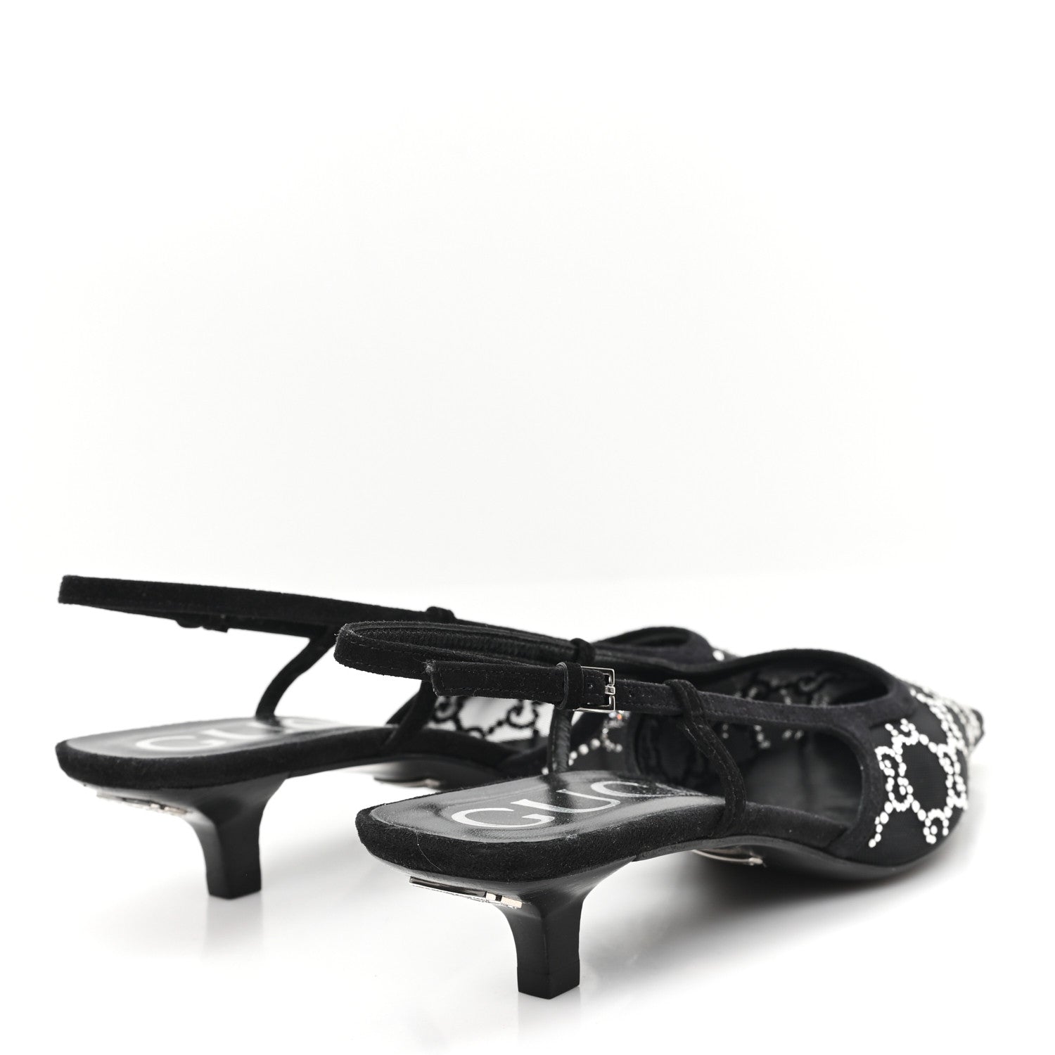 Tela Retino Kid Scamosciato Crystal GG Monogram Square G 35mm Slingback Pumps 37.5 Black