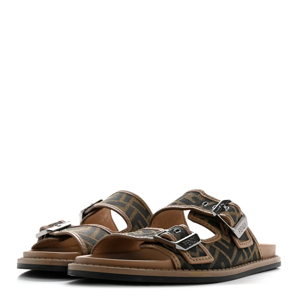 Fabric Jacquard Nappa FF Mens Fendi Feel Buckled Slide Sandals 5 Tobacco Black Miele Scuro