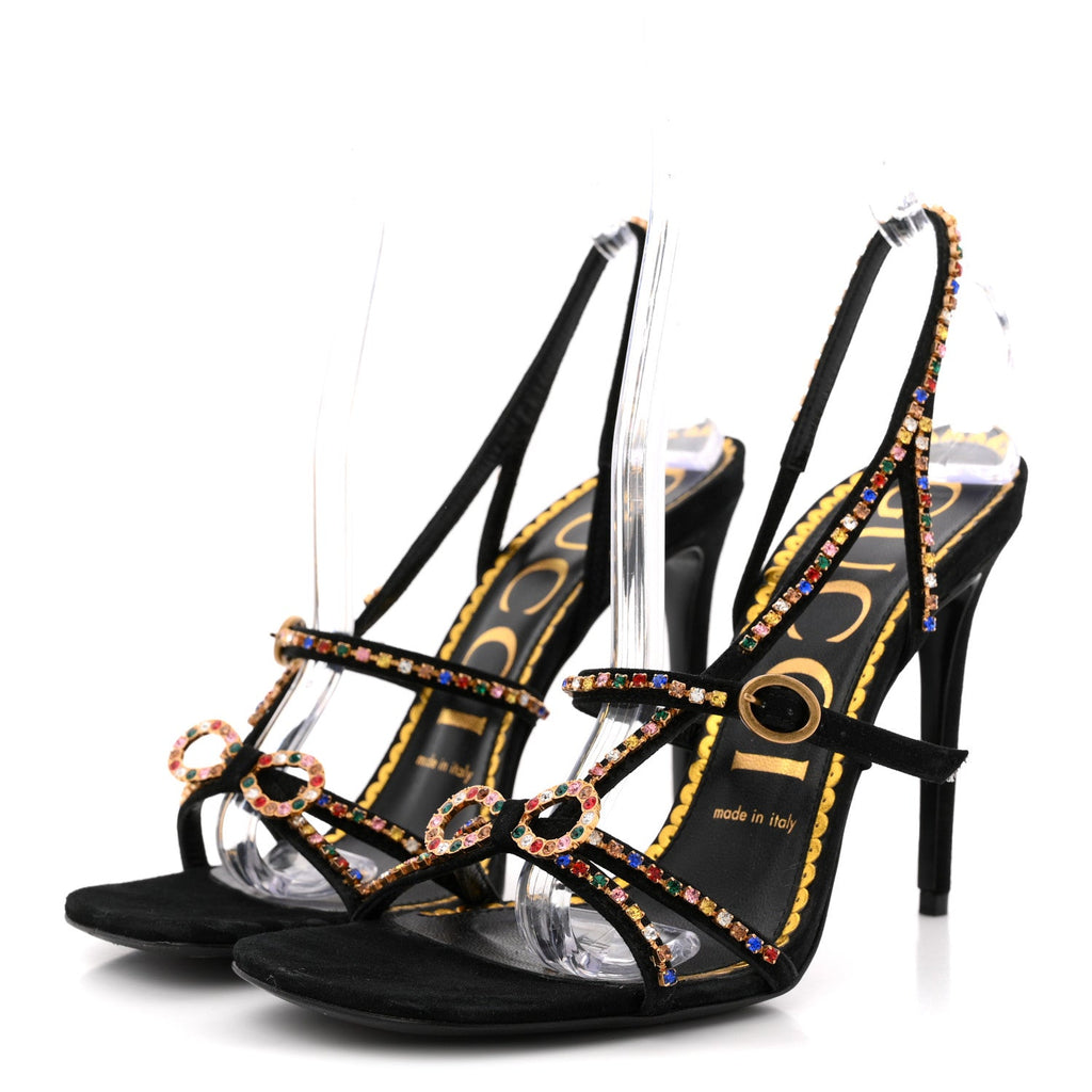 Kid Scamosciato Crystal Embellished Carmen High Heel Sandals 38 Black