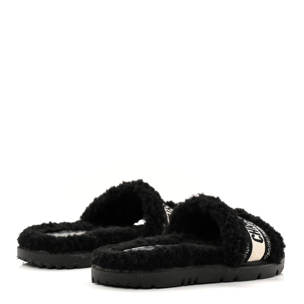 Shearling Canvas Lurex Embroidered Dway 10mm Slide Sandals 36 Black Natural