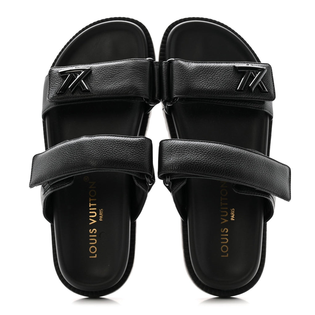 Grained Calfskin Sunset Comfort Flat Sandals 38 Black