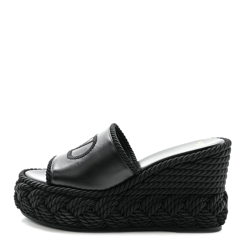 Calfskin Silk Torchon Vlogo Platform Espadrille 100 Wedge Sandals 39 Black
