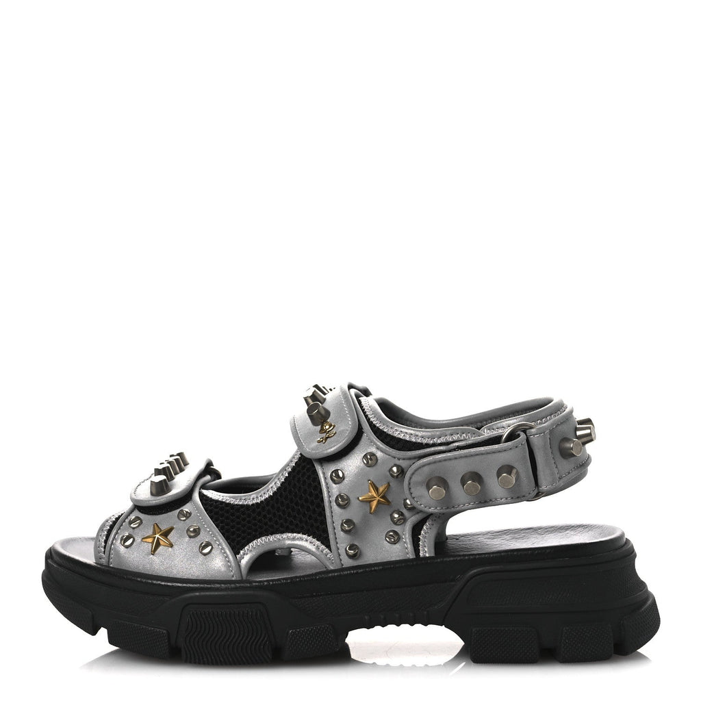 Technical Canvas Calfskin Reflective Studded Mens Aguru Sandals 6.5 Silver Black
