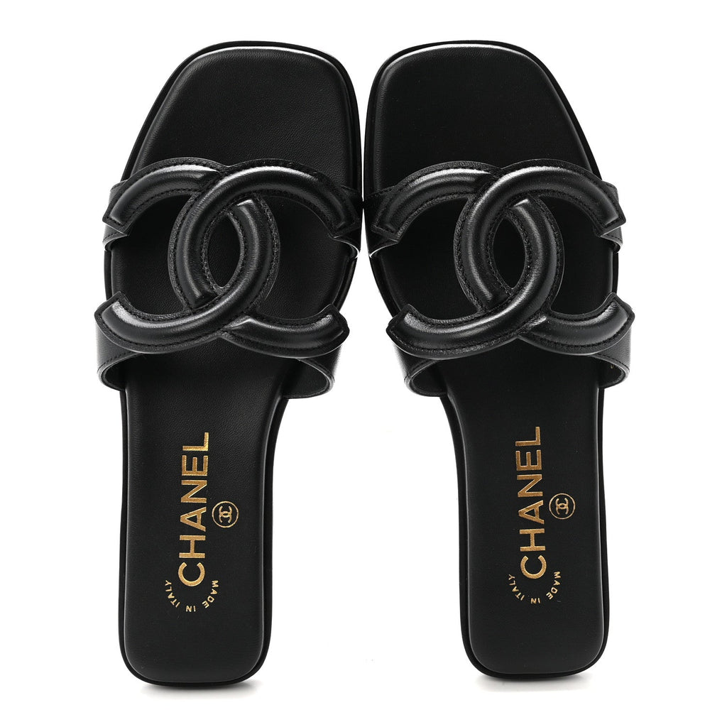 Lambskin CC Cut Out Mules Sandals 36 Black