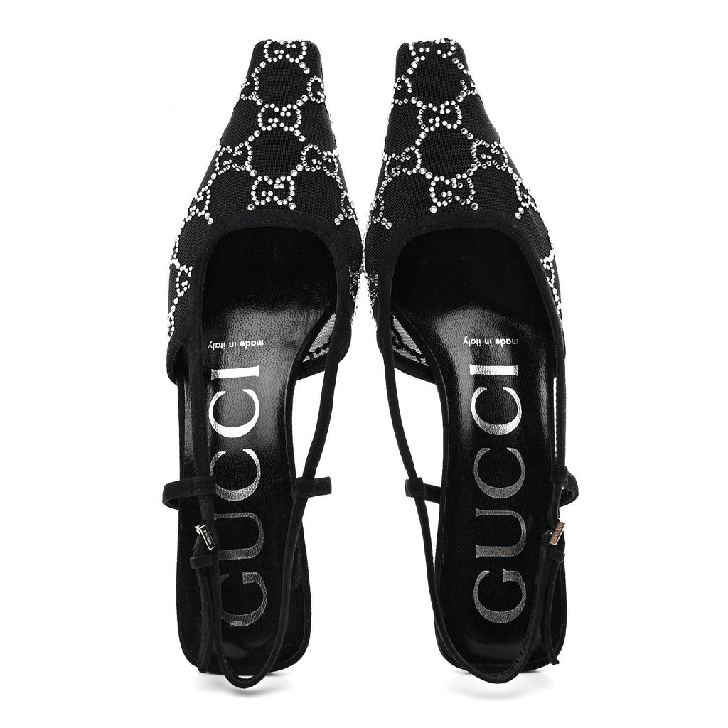 Tela Retino Kid Scamosciato Crystal GG Monogram Square G 35mm Slingback Pumps 35.5 Black