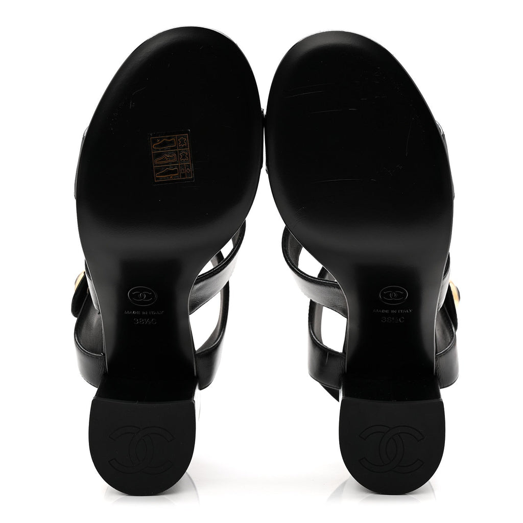 Shiny Calfskin CC Sandals 38.5 Black