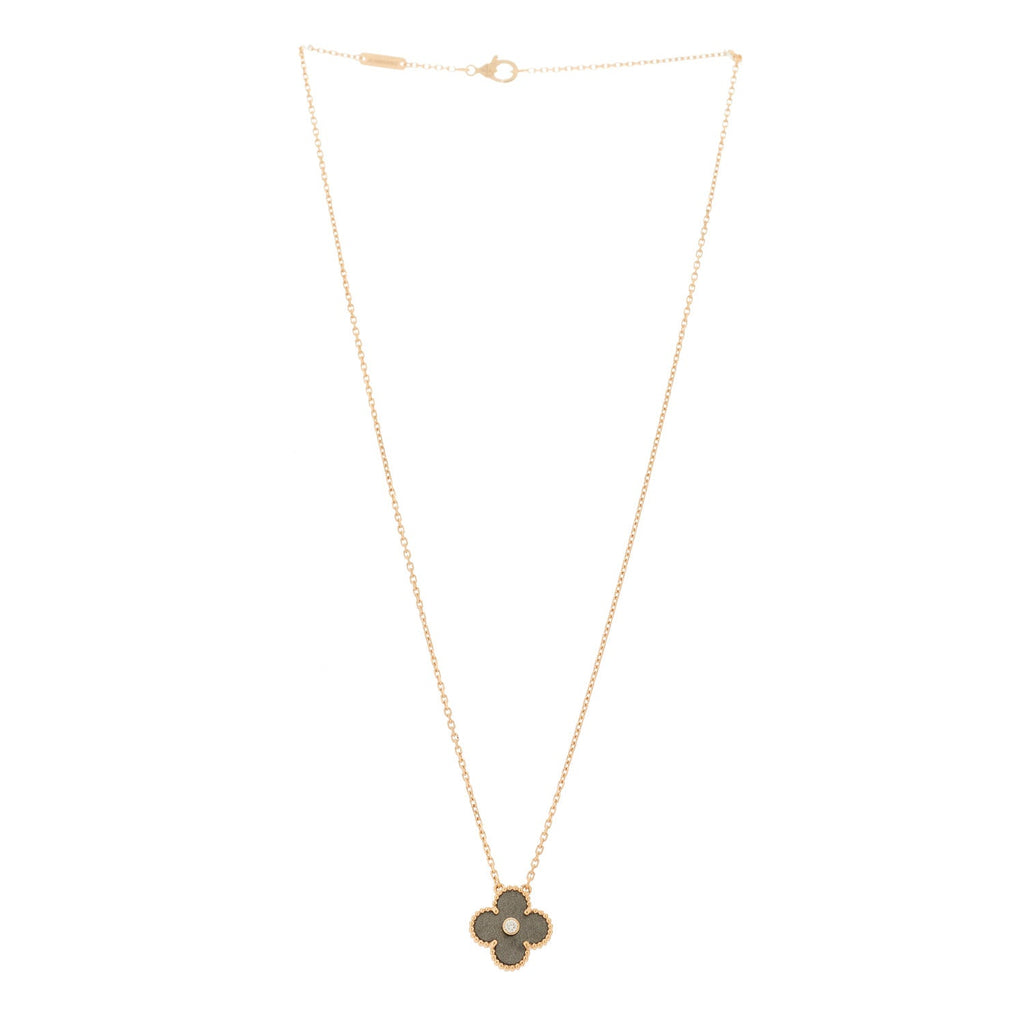 18K Rose Gold Diamond Silver Obsidian Vintage Alhambra Pendant Necklace