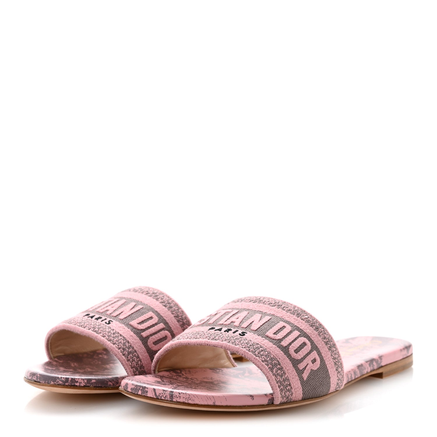 Canvas Toile De Jouy Embroidered Dway Flat Slide Sandals 37.5 Chateau Rose