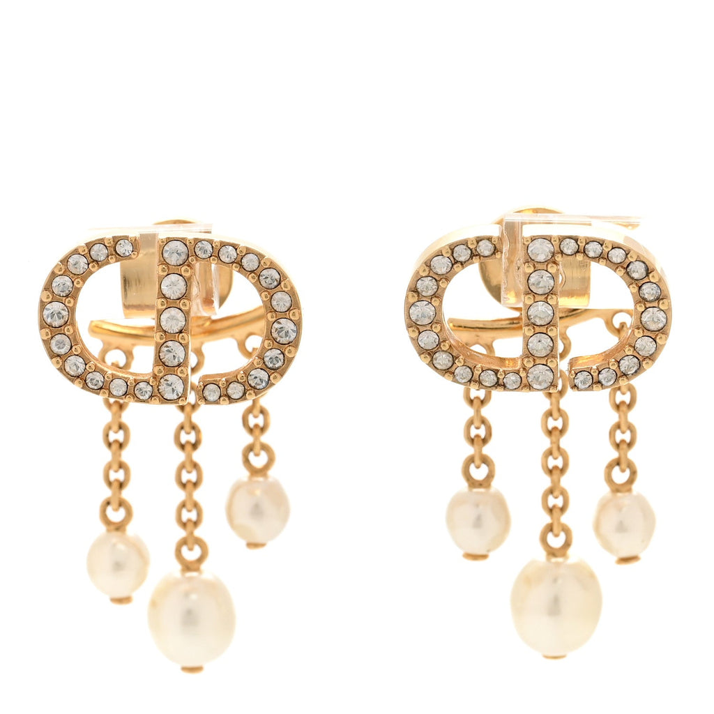 Pearl Crystal Petit CD Drop Earrings Gold