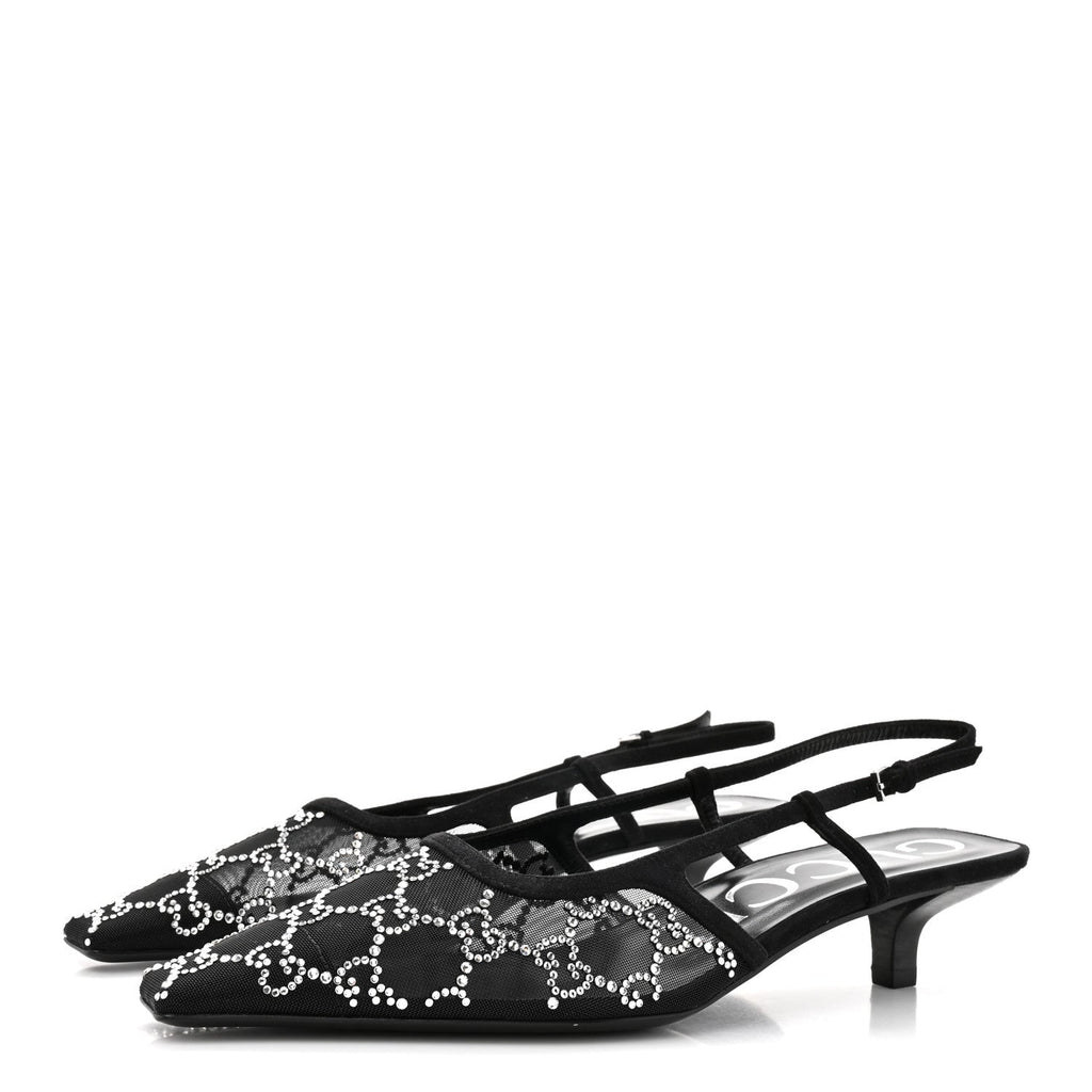 Tela Retino Kid Scamosciato Crystal GG Monogram Square G 35mm Slingback Pumps 38.5 Black