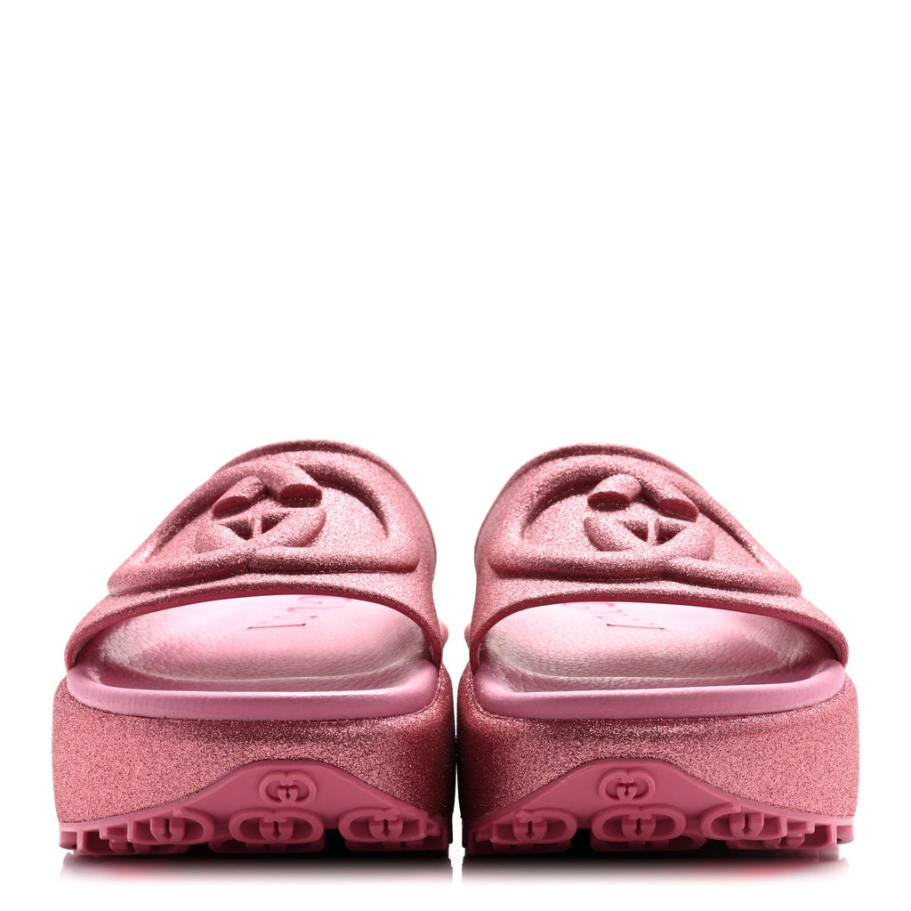 Glitter Rubber Womens Interlocking G Platform 42mm Slide Sandals 36 Rose