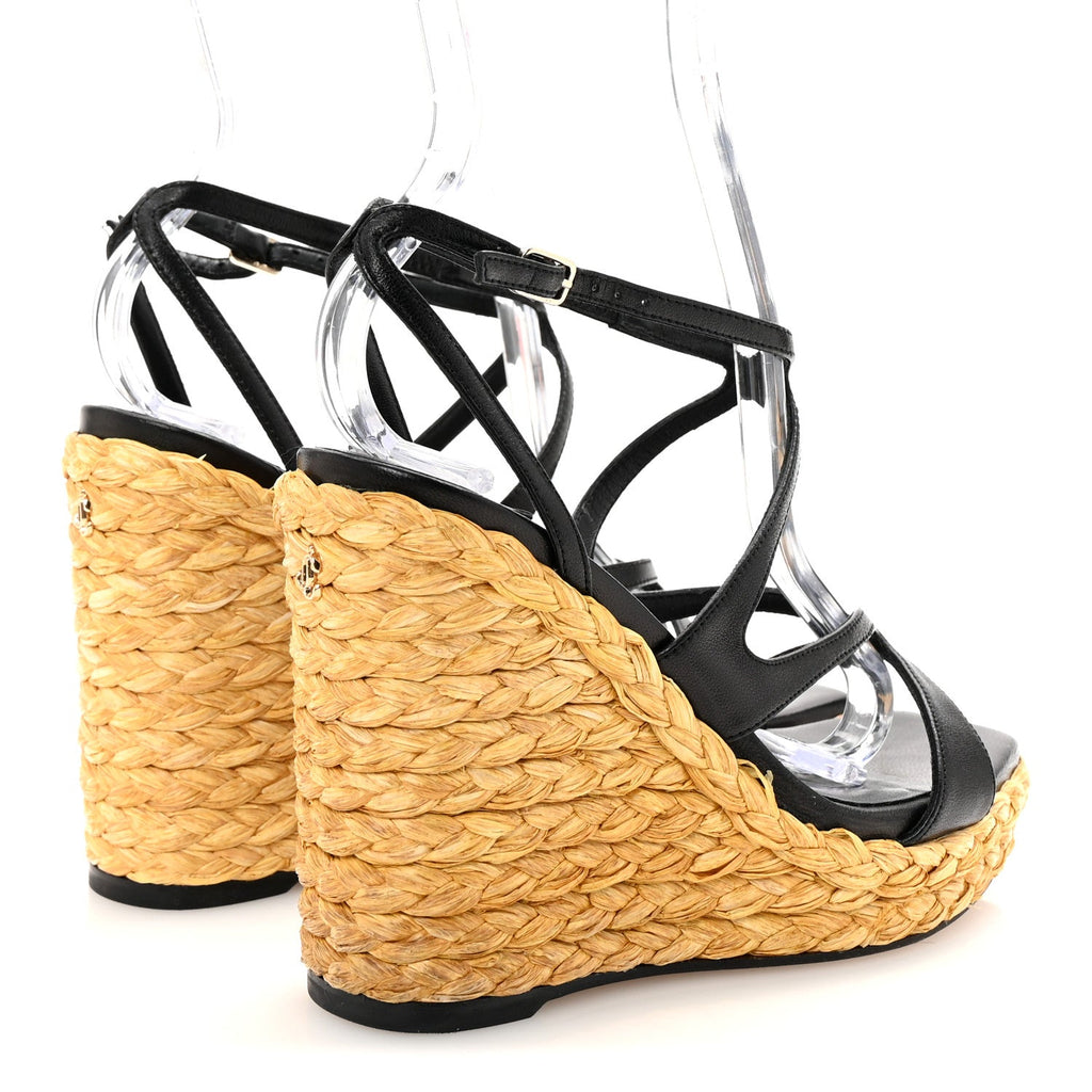 Raffia Nappa Ayla 110mm Wedge Sandals 35 Black