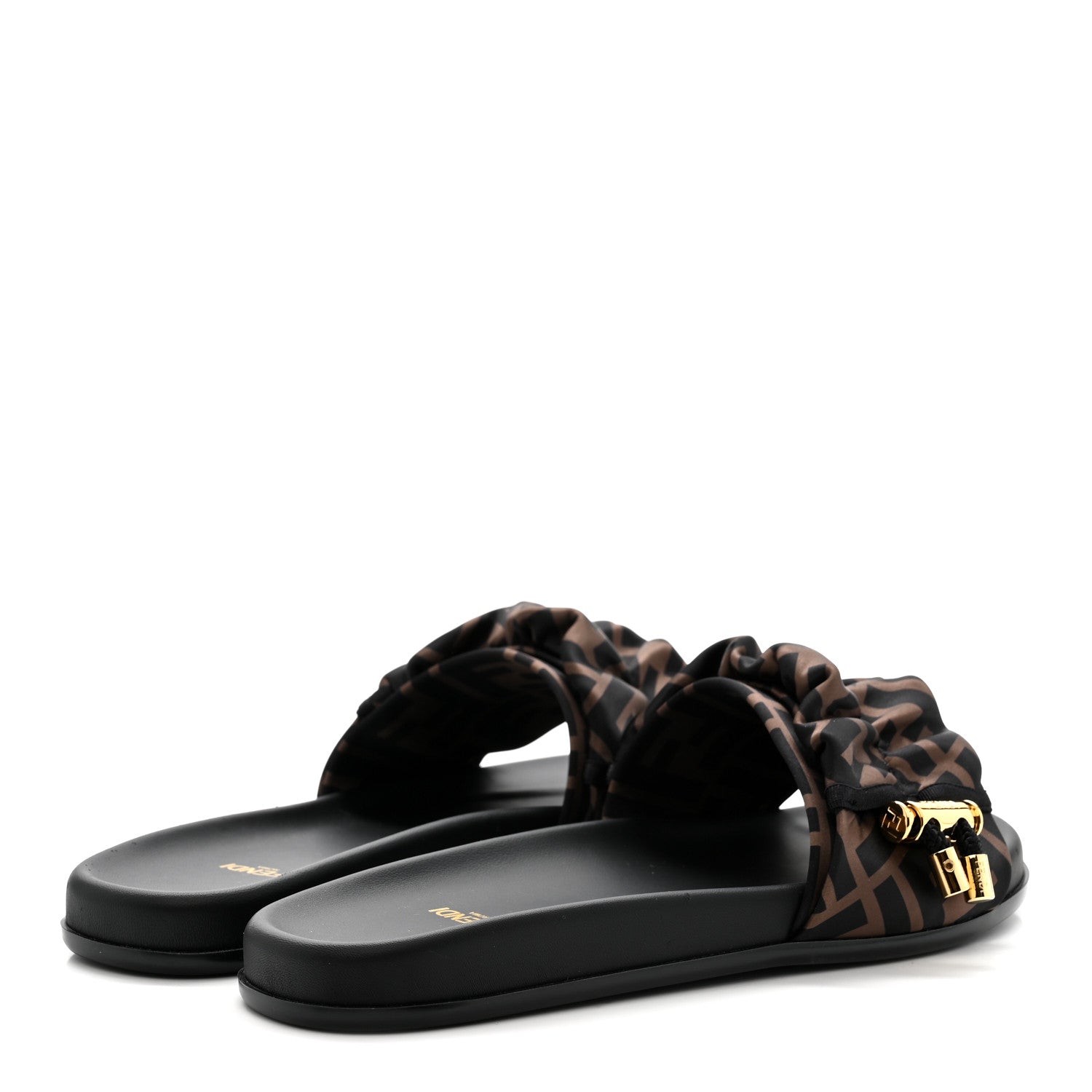 Satin FF Fendi Feel Slide Sandals 38 Tobacco Black