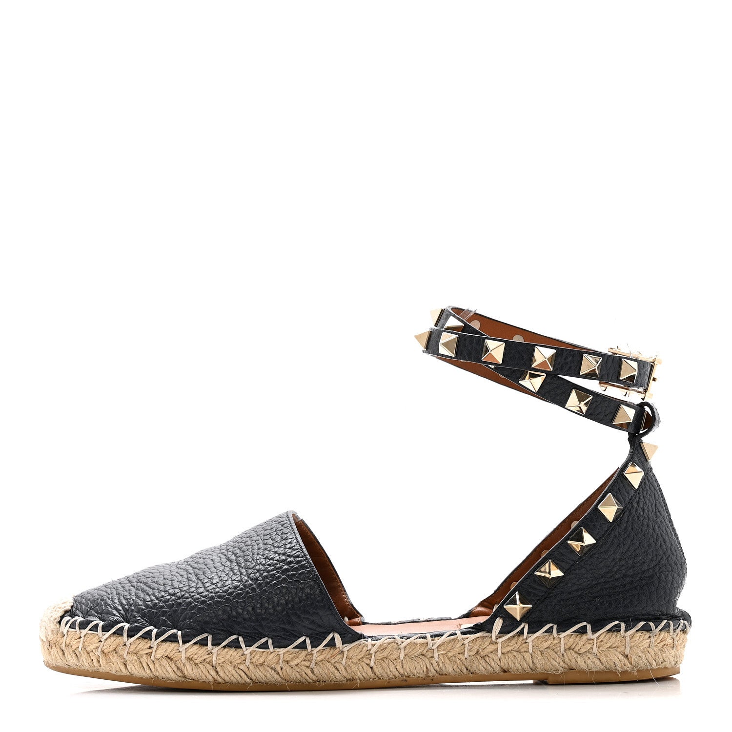 Grained Calfskin Rockstud Ankle Wrap Espadrille 20mm Flats 35 Navy