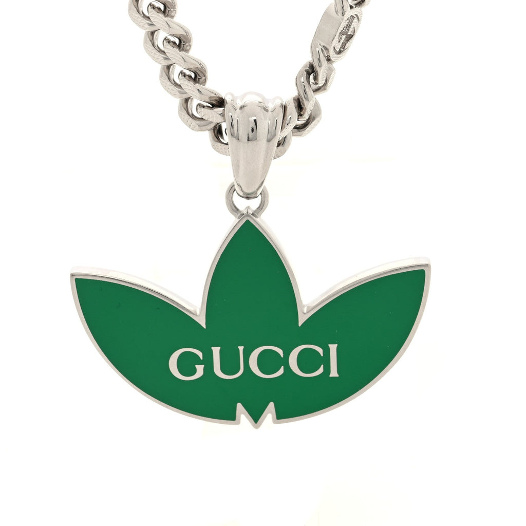 X ADIDAS Enamel Trefoil Gourmette Pendant Necklace Silver Green