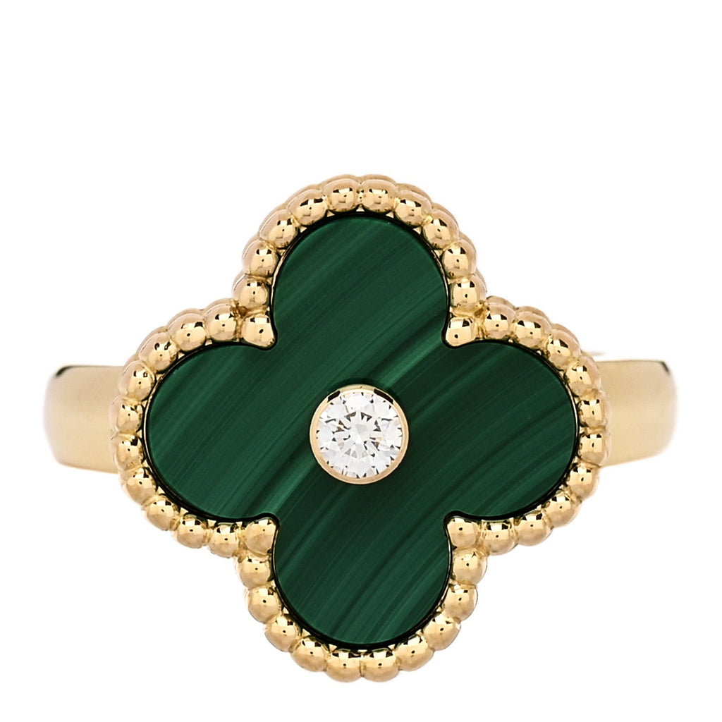 18K Yellow Gold Diamond Malachite Vintage Alhambra Ring 48 4.5