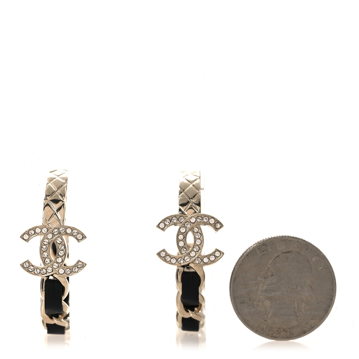 Metal Crystal Lambskin Quilted CC Chain Hoop Earrings Gold Black