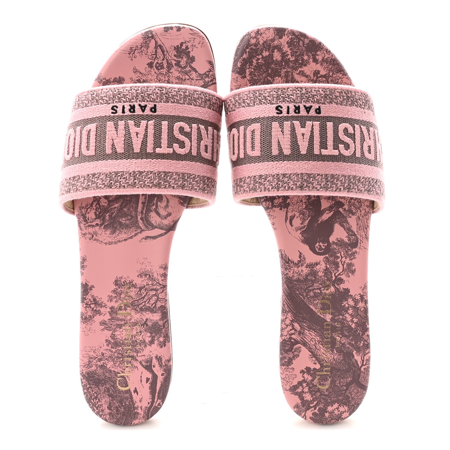 Canvas Toile De Jouy Embroidered Dway Flat Slide Sandals 36.5 Chateau Rose