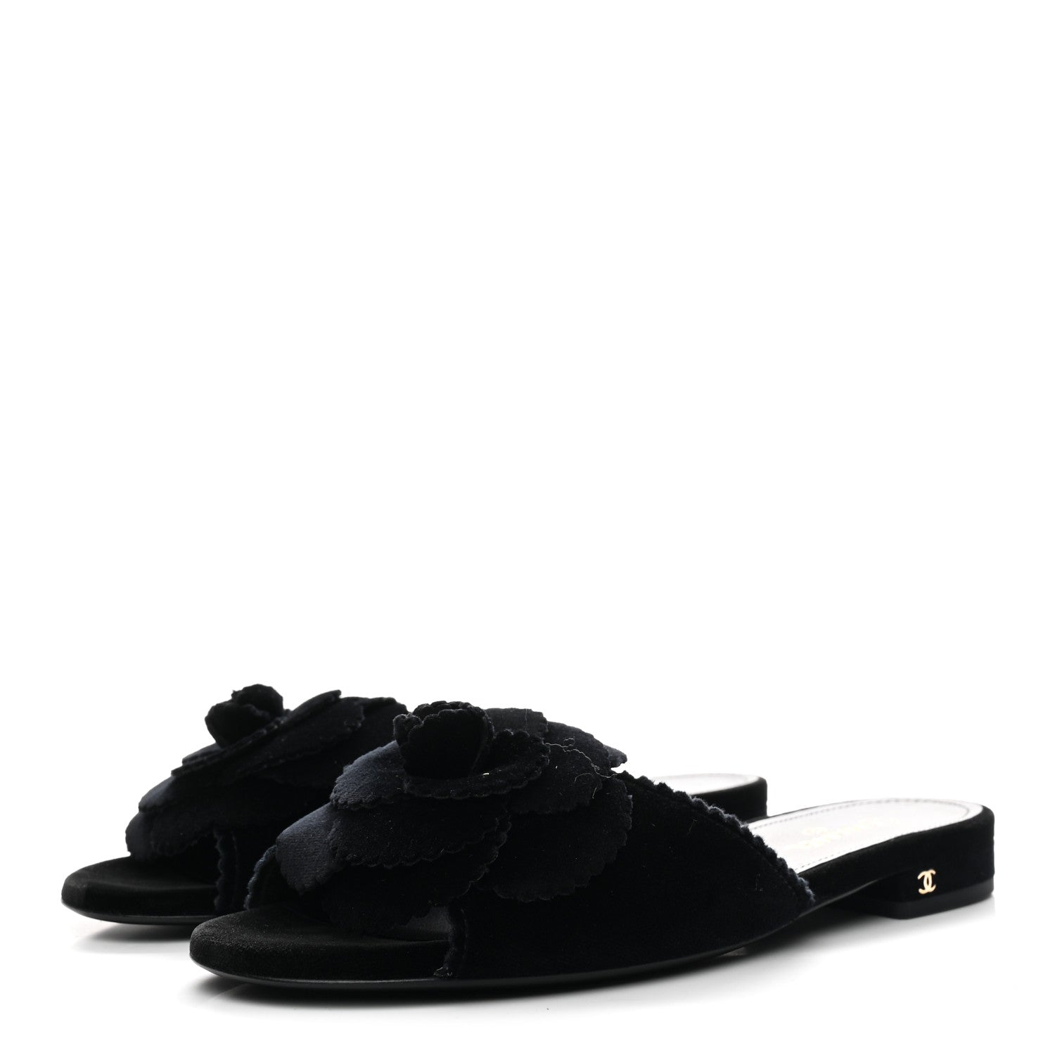 Velvet Pearl Camellia Slide Sandals 37 Black