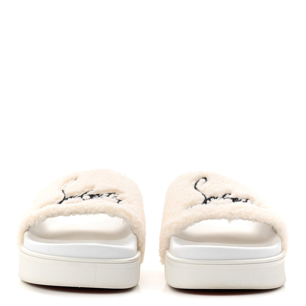 Faux Shearling Embroidered Pool Donna Flat Slide Sandals 36.5 White