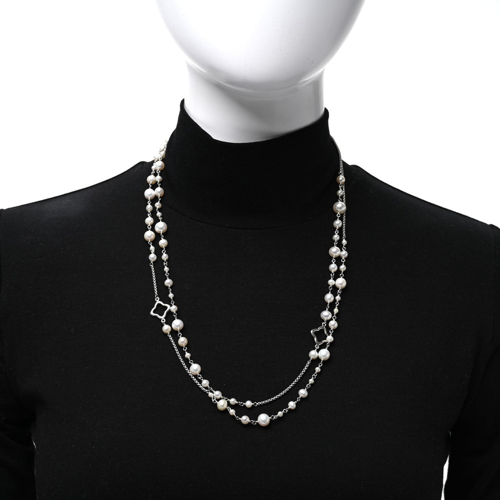Sterling Silver Cultured Pearl Quatrefoil Long Chain Necklace