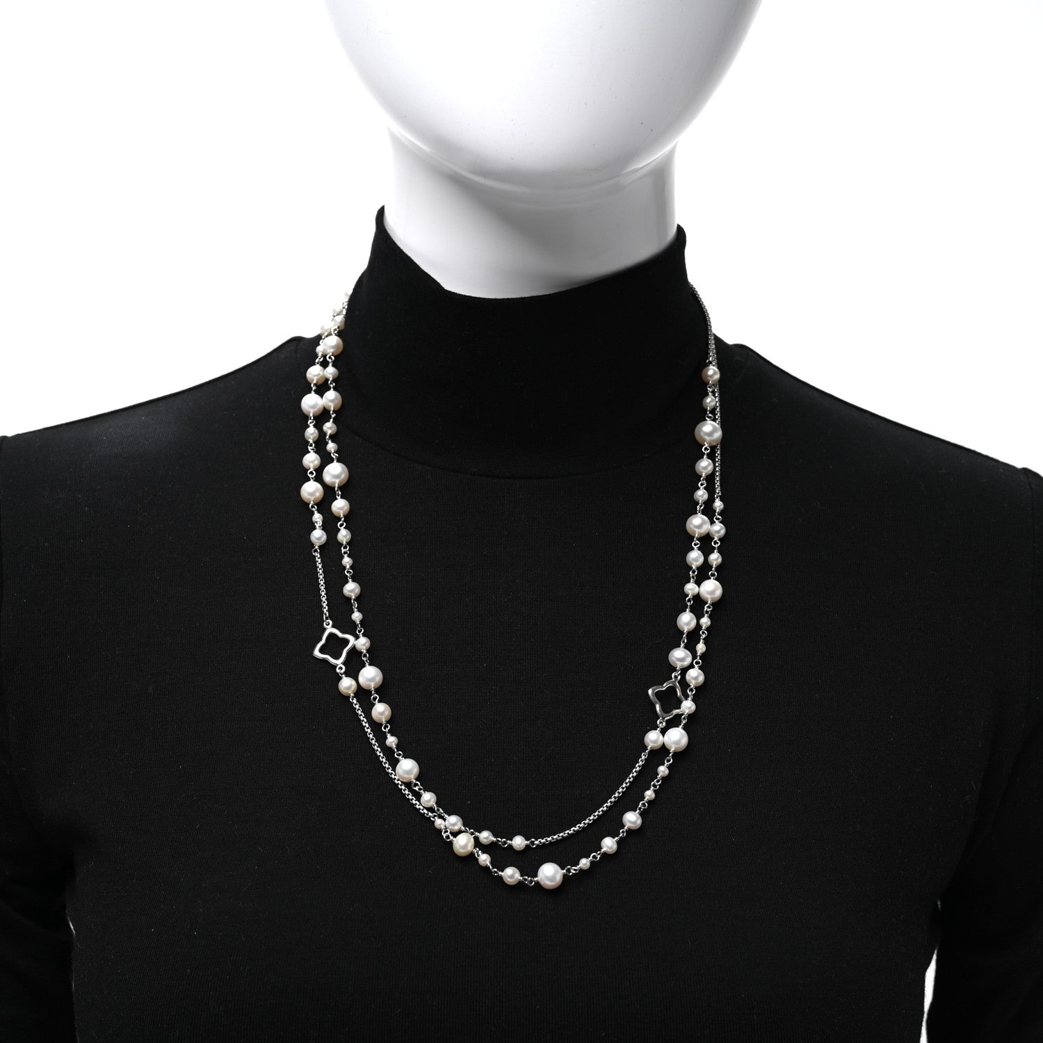 Sterling Silver Cultured Pearl Quatrefoil Long Chain Necklace