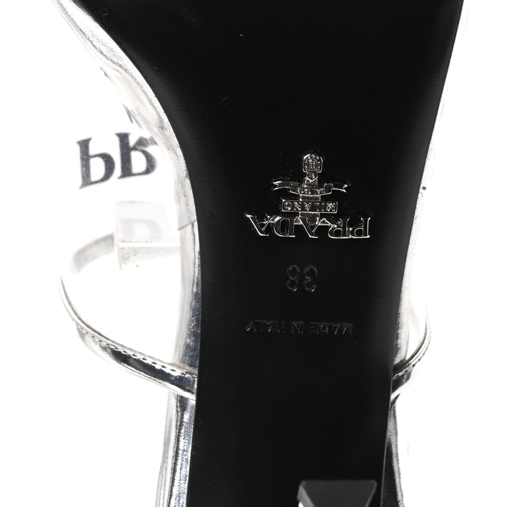 Plexiglass Metallic Calfskin Metal Triangle Logo 75mm Slide Sandals 38 Argento