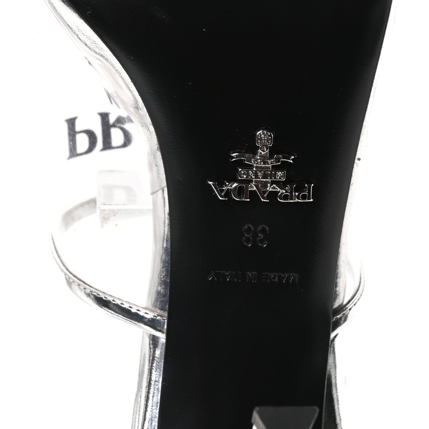 Plexiglass Metallic Calfskin Metal Triangle Logo 75mm Slide Sandals 38 Argento