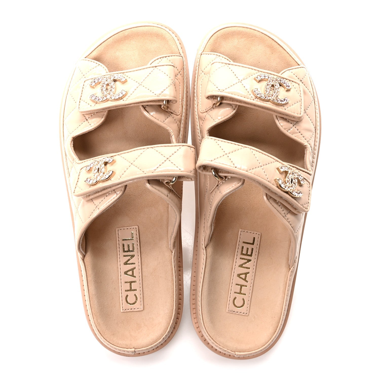 Shiny Calfskin Quilted Velcro Dad Crystal CC Slide Sandals 38 Beige