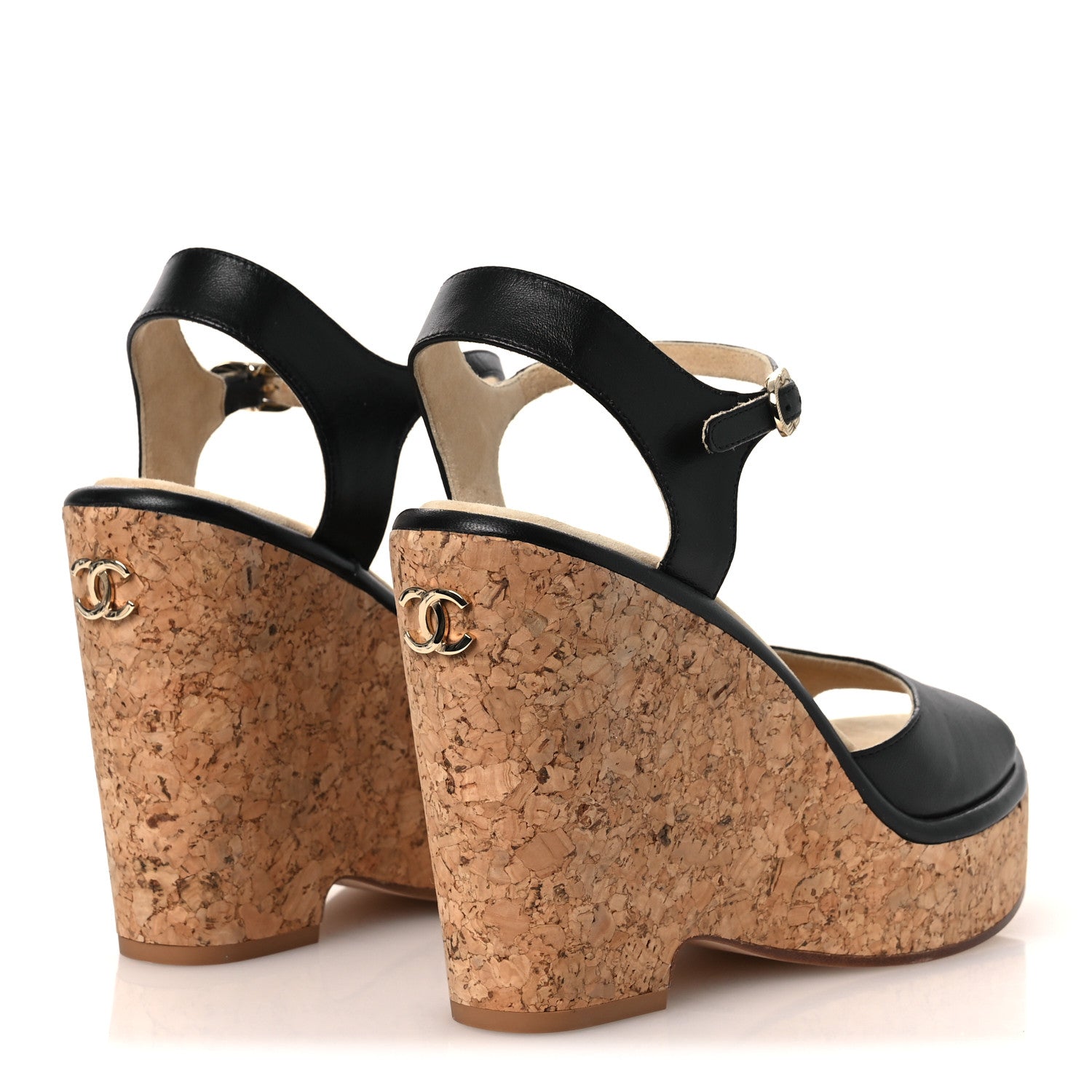 Shiny Lambskin Cork Wedge Sandals 40 Black