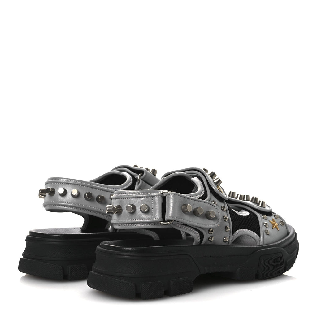 Technical Canvas Calfskin Reflective Studded Mens Aguru Sandals 6.5 Silver Black