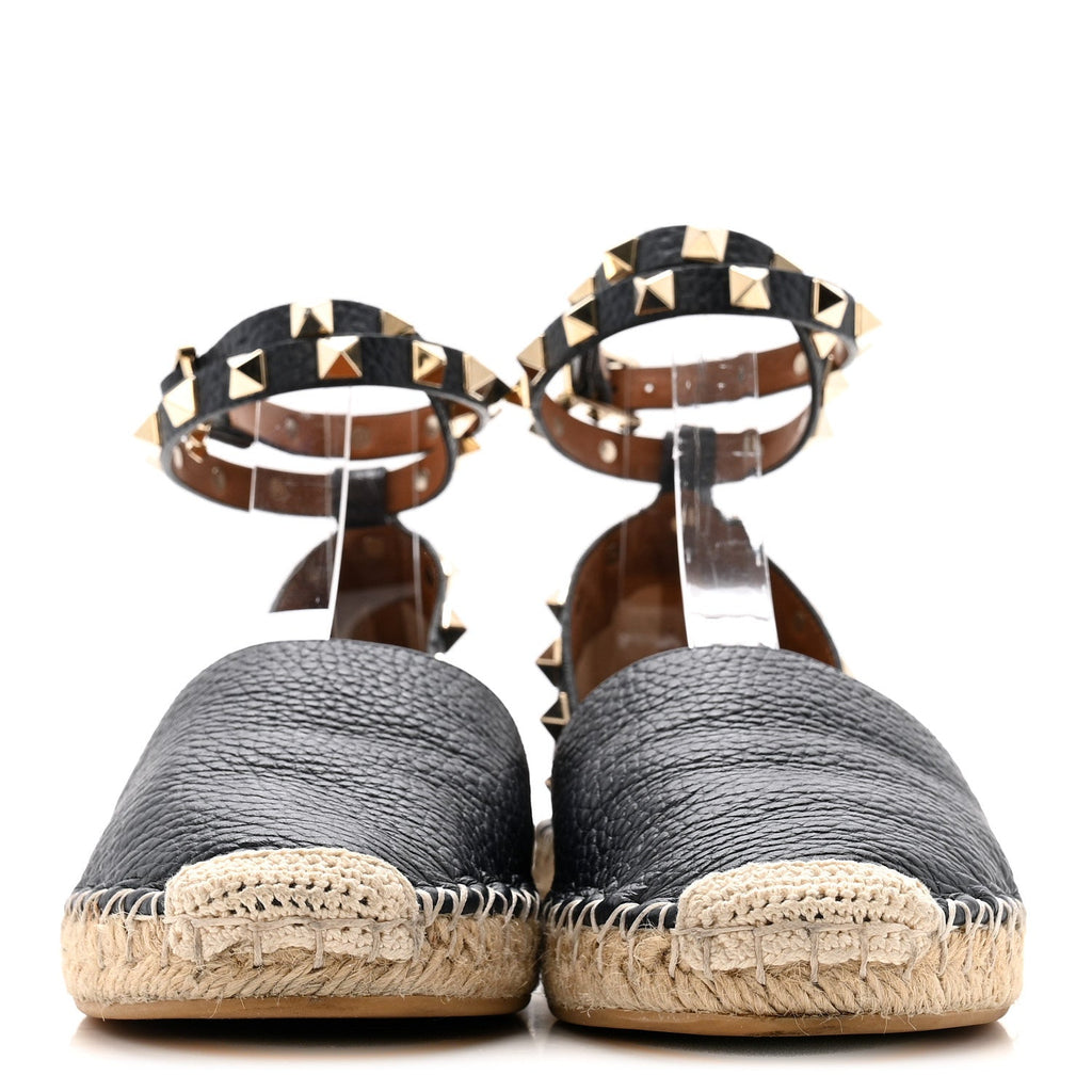 Grained Calfskin Rockstud Ankle Wrap Espadrille 20mm Flats 35 Navy