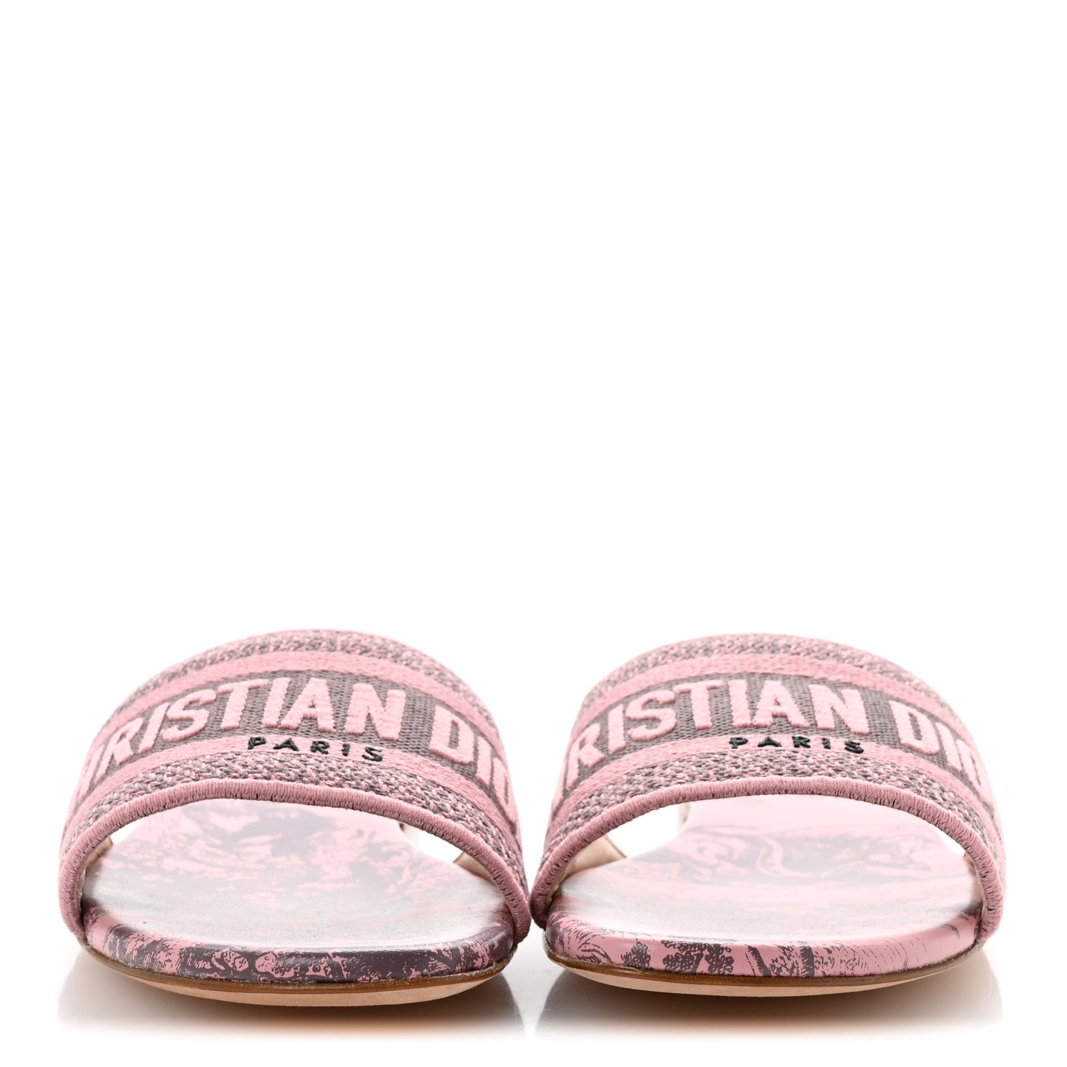 Canvas Toile De Jouy Embroidered Dway Flat Slide Sandals 37.5 Chateau Rose
