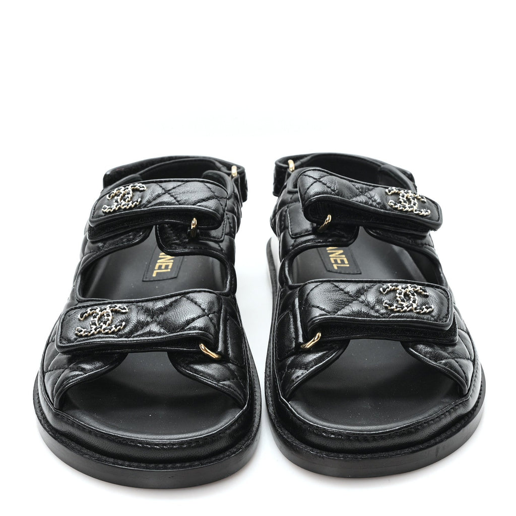 Lambskin Quilted Velcro Dad Chain CC Slide Sandals 36 Black