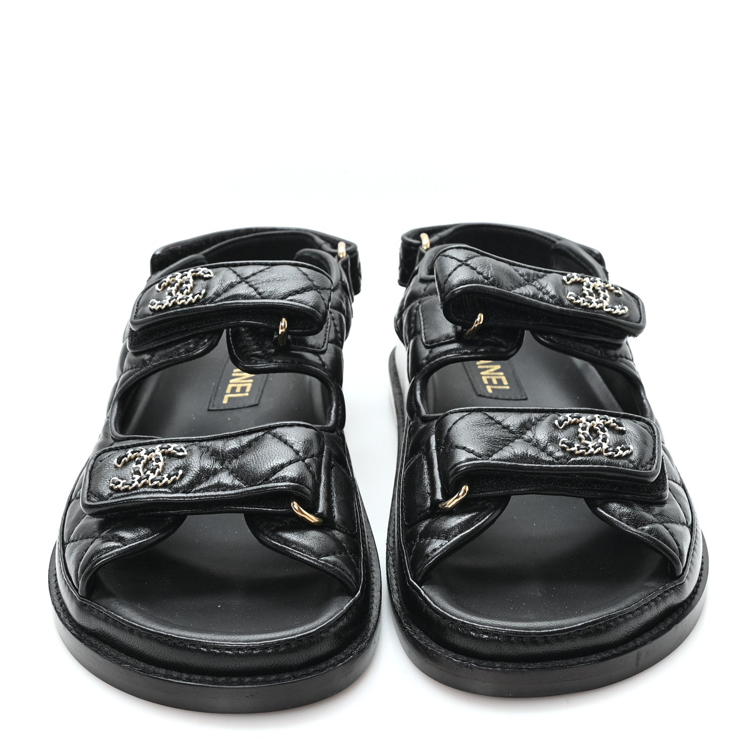 Lambskin Quilted Velcro Dad Chain CC Slide Sandals 36 Black