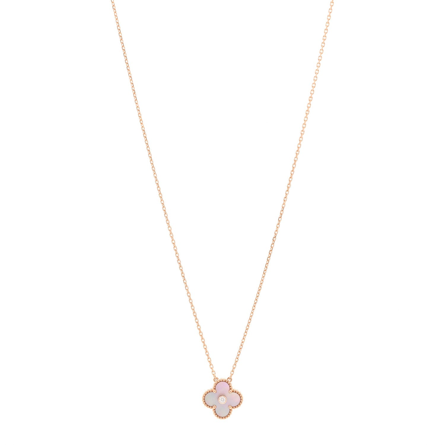18K Rose Gold Diamond Pink Mother of Pearl Vintage Alhambra Pendant Necklace